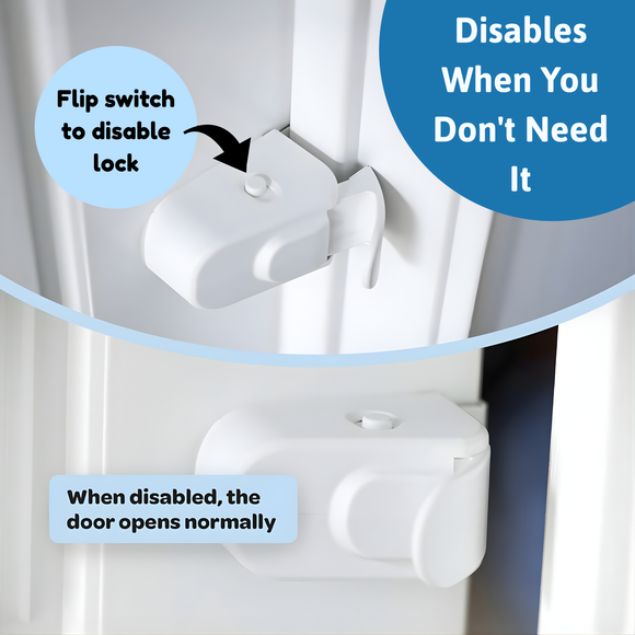 HuggLock snap-on door lock installed on a white interior door, safely out of a child's reach